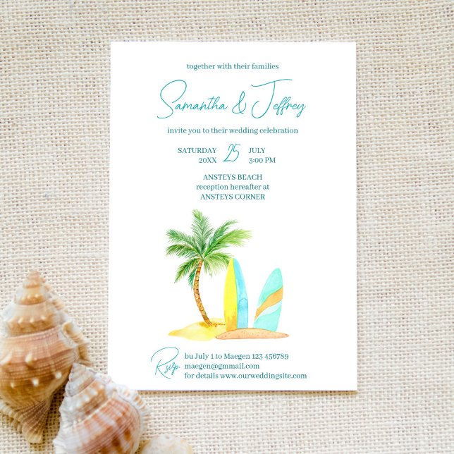 Convites Casamento tropical de verão na praia de surfe (Criador carregado)