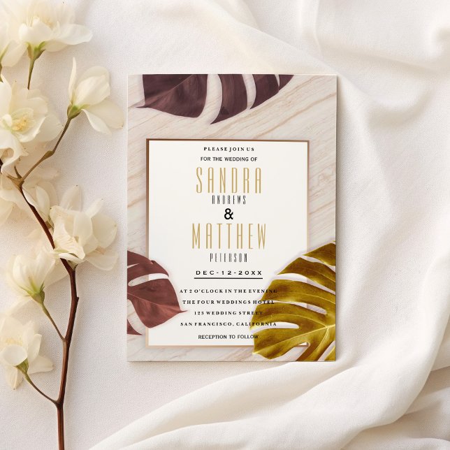 Convites Casamento tropical Dourado de mármore rosa de ouro (Gold burgundy rose gold marble tropical Wedding )