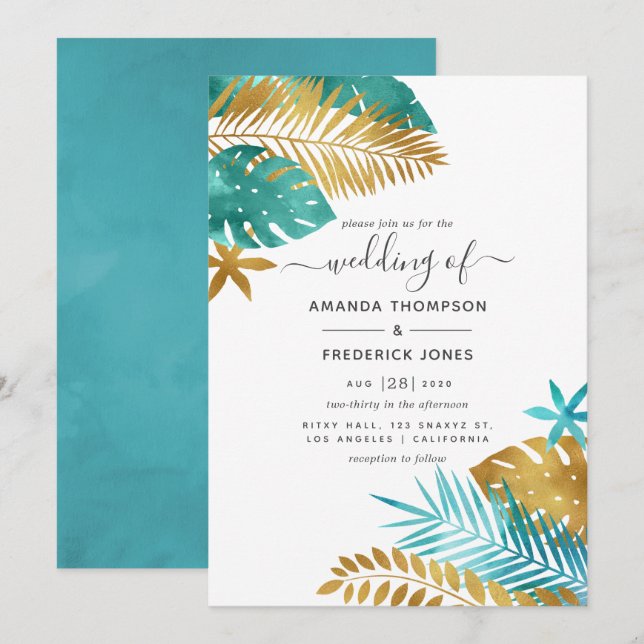 Convites Casamento Tropical Dourado e Teal (Frente/Verso)