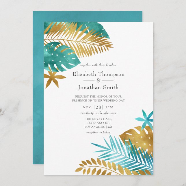 Convites Casamento Tropical Dourado e Teal (Frente/Verso)