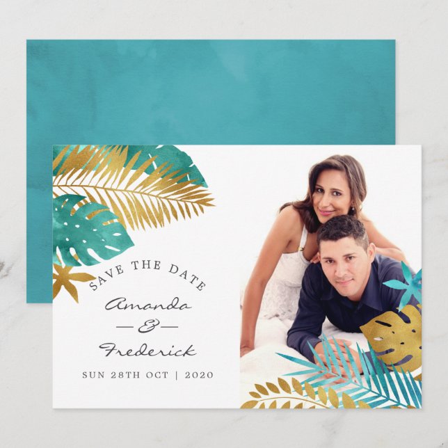Convites Casamento tropical Dourado e Teal Salvar a Data (Frente/Verso)