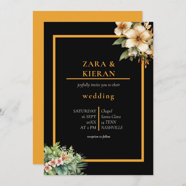 Convites Casamento Tropical Dourado Elegante (Frente/Verso)