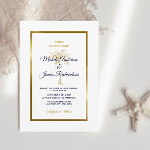 Convites Casamento Tropical Elegante com Palma em Azul Mari