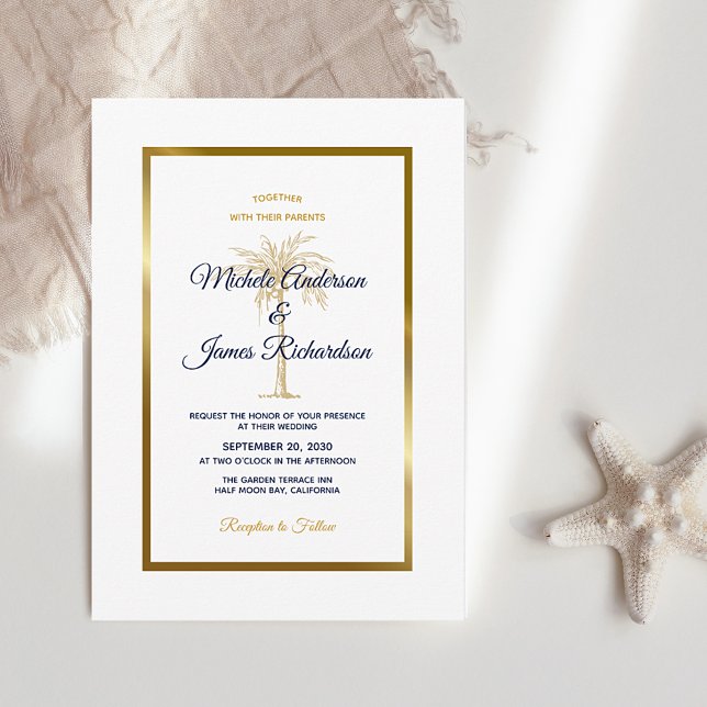 Convites Casamento Tropical Elegante com Palma em Azul Mari (Criador carregado)