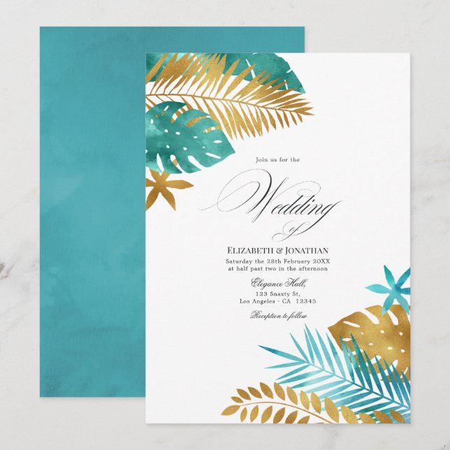Convites Casamento Tropical em Turquesa e Dourado (Frente/Verso)