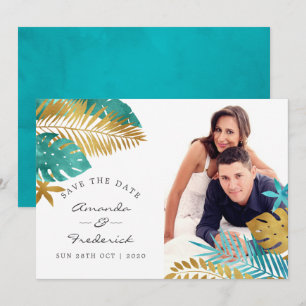Convites Casamento Tropical em Turquesa e Dourado - Salve a