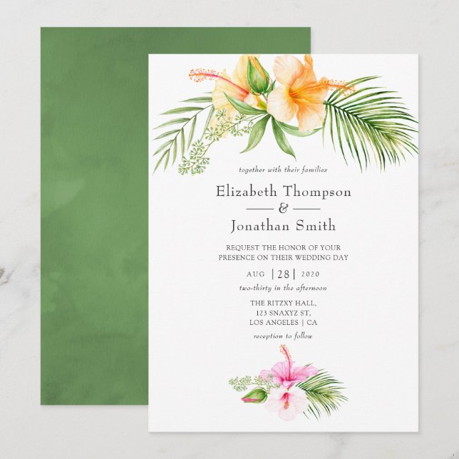 Convites Casamento Tropical Floral à Beira-Mar com Aquarela (Frente/Verso)
