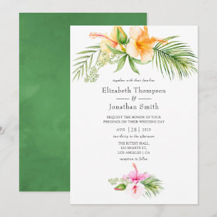 Convites Casamento Tropical Floral à Beira-Mar com Aquarela