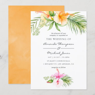 Convites Casamento Tropical Floral à Beira-Mar com Aquarela