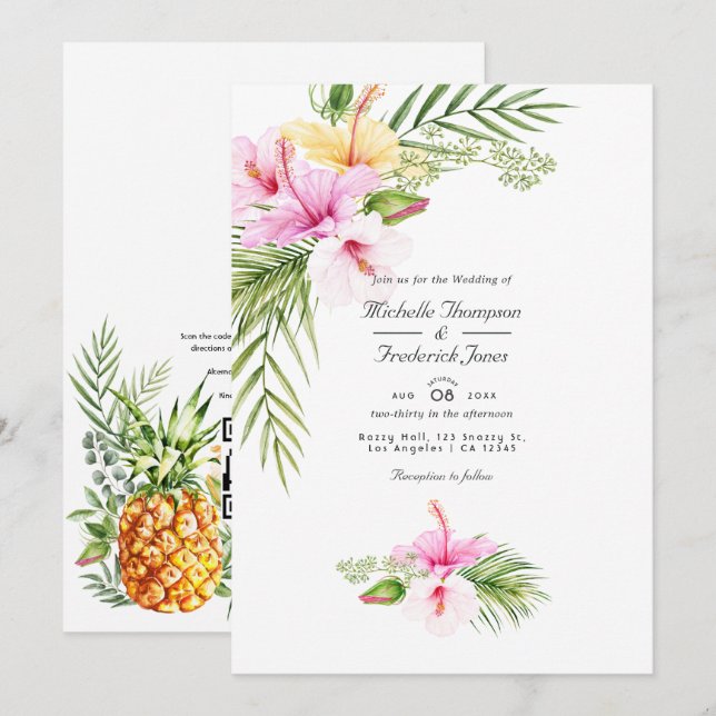 Convites Casamento Tropical Floral Aloha QR Code RSVP (Frente/Verso)