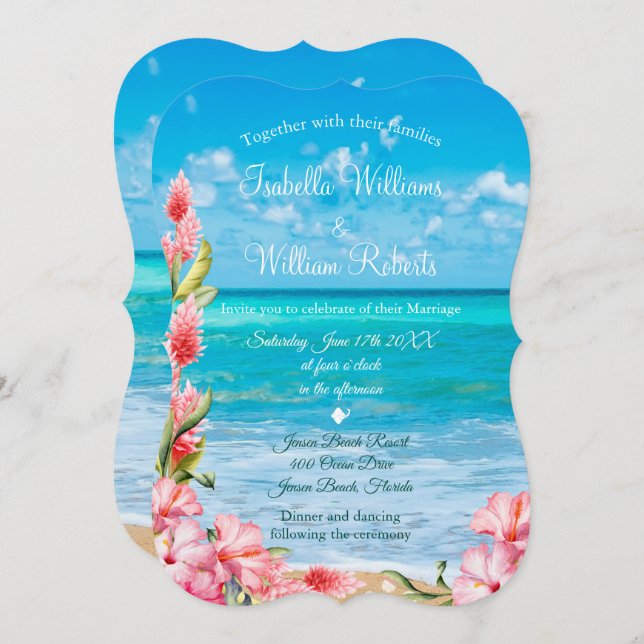 Convites Casamento Tropical Floral Beach (Frente/Verso)