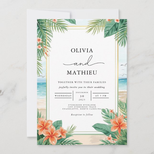 Convites Casamento Tropical Floral Beach (Frente)