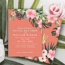 Convites Casamento tropical floral, cor de água, rosa e pês