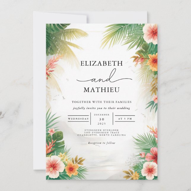 Convites Casamento Tropical Floral de Arqueiro (Frente)