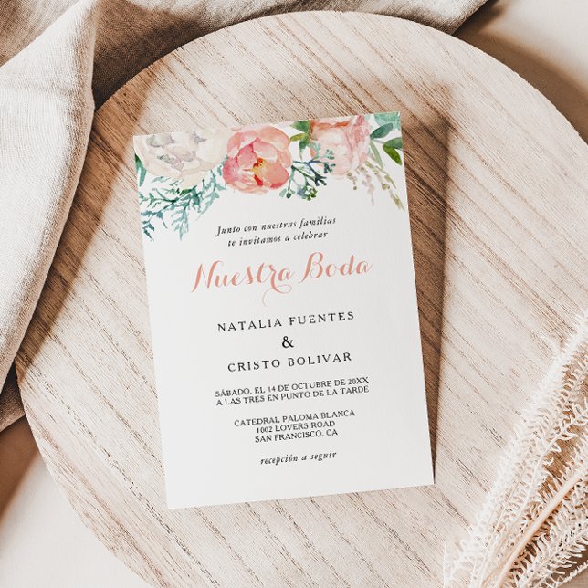 Convites Casamento Tropical Floral Espanhol Rosa Moderno (Criador carregado)