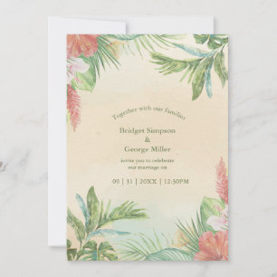 Convites Casamento Tropical Floral Havaí Bege Aquarela