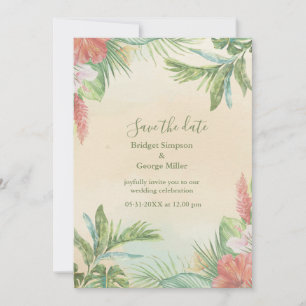 Convites Casamento Tropical Floral Havaiano Bege Aquarela