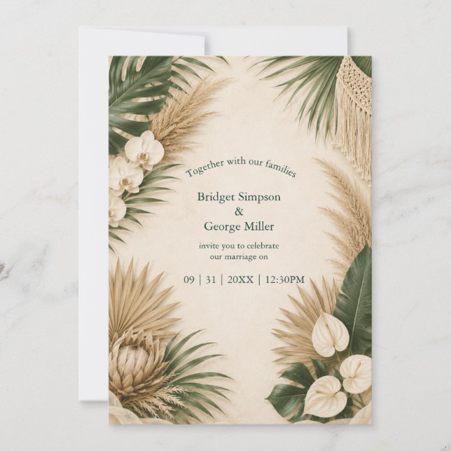 Convites casamento tropical floral havaiano Boho Pampas Gra (Frente)