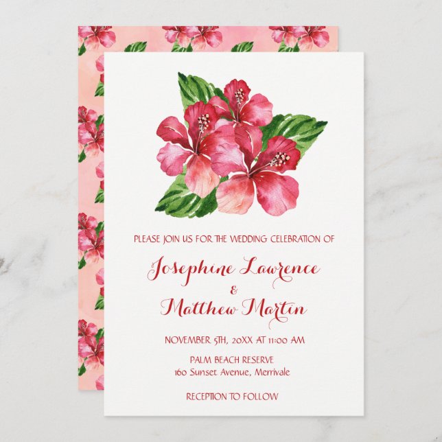 Convites Casamento Tropical Floral Hibiscus Watercolor (Frente/Verso)