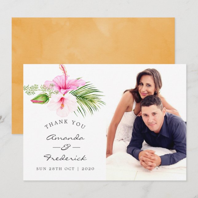 Convites Casamento Tropical Floral na Praia Obrigado (Frente/Verso)