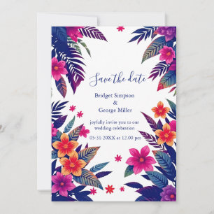 Convites Casamento Tropical Floral Rosa Navy Havaí