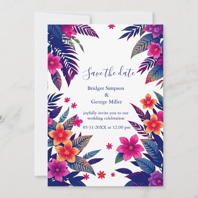 Convites Casamento Tropical Floral Rosa Navy Havaí (Frente)
