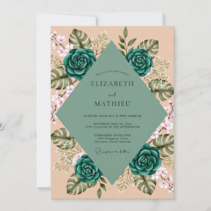 Convites Casamento Tropical Folhagem Eucalipto Pêssego