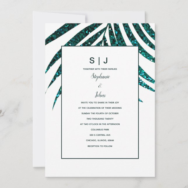 Convites Casamento Tropical Glitter Verde Azul Palm Folha (Frente)