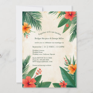 Convites Casamento Tropical Hibisco Havaí Laranja Vermelho