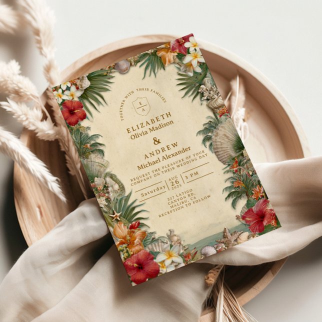 Convites Casamento Tropical Hibiscus Seashell (Criador carregado)