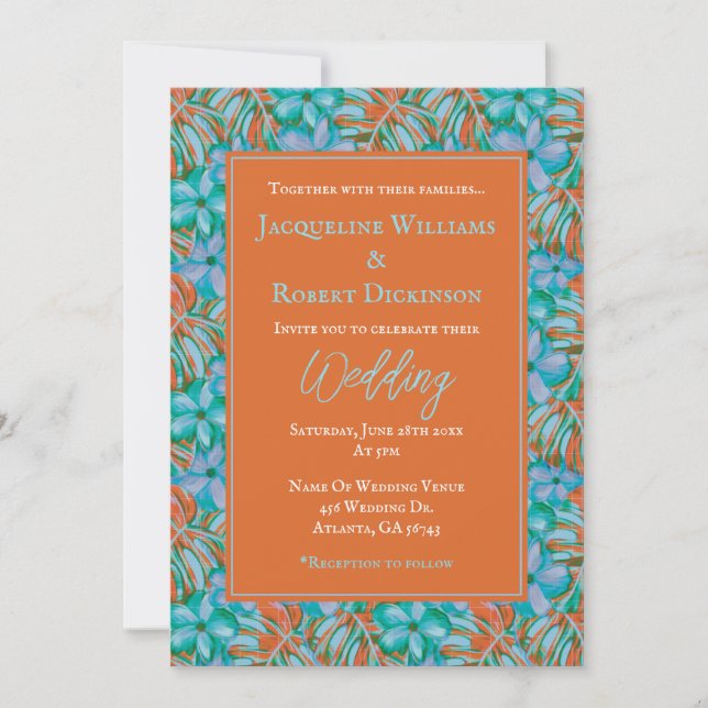 Convites Casamento Tropical Laranja e Azul Floral (Frente)
