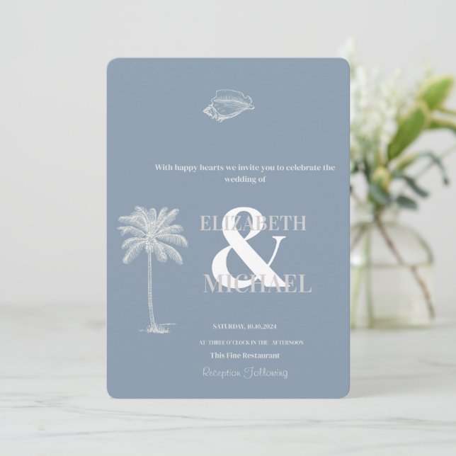 Convites Casamento Tropical Minimalista Dusty Blue (Em pé/Frente)