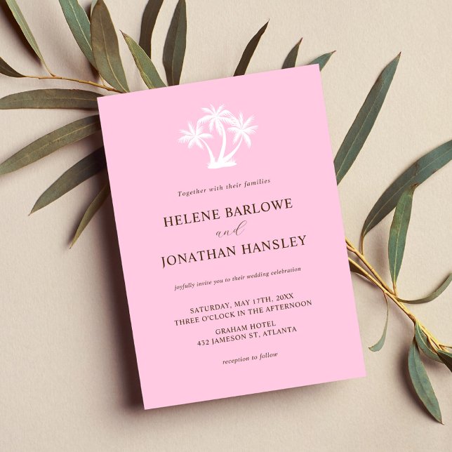 Convites Casamento Tropical Minimalista Rosa-Rosa-Rosa-Eleg (Elegant Palm Tree Pink Tropical Minimalist Wedding Invitation)