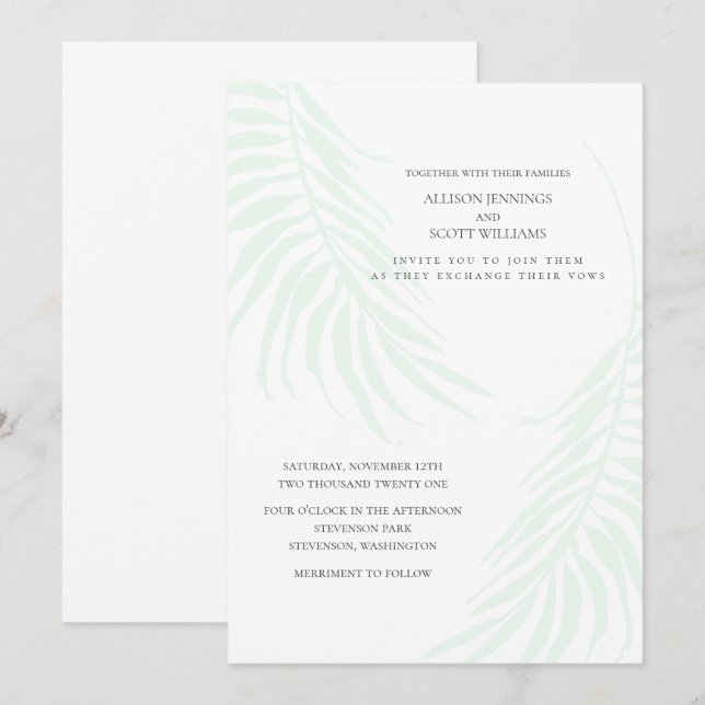 Convites Casamento Tropical Minimalista Verde e Branco Chic (Frente/Verso)