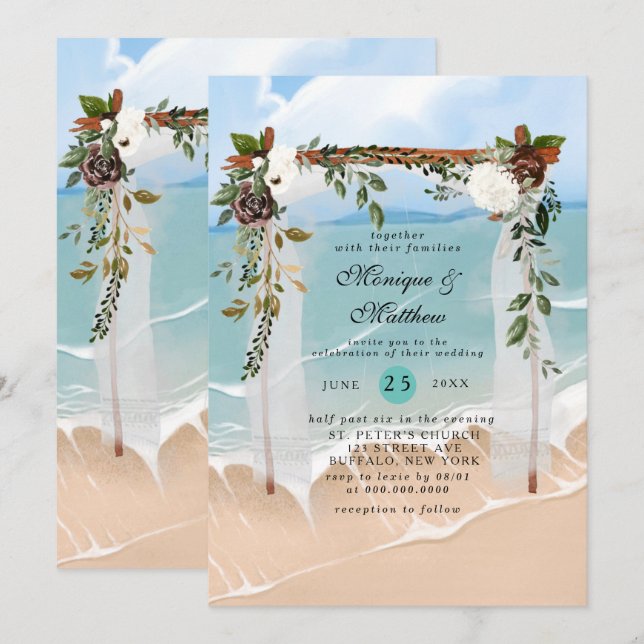 Convites Casamento Tropical Moderno da Praia Canopy (Frente/Verso)