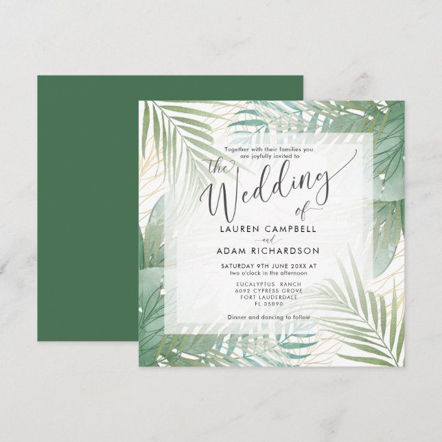 Convites Casamento Tropical Moderno no Destino (Frente/Verso)