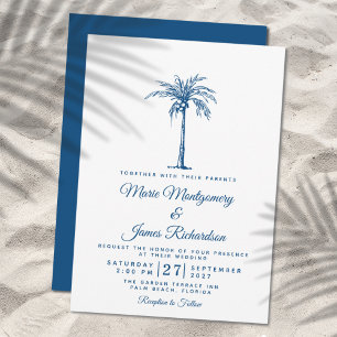 Convites Casamento Tropical na Praia com Palma Azul Moderna