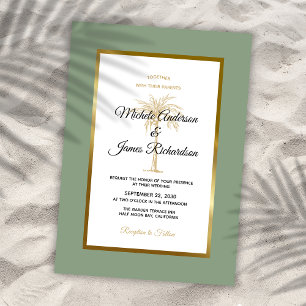 Convites Casamento Tropical na Praia com Palmeira em Dourad