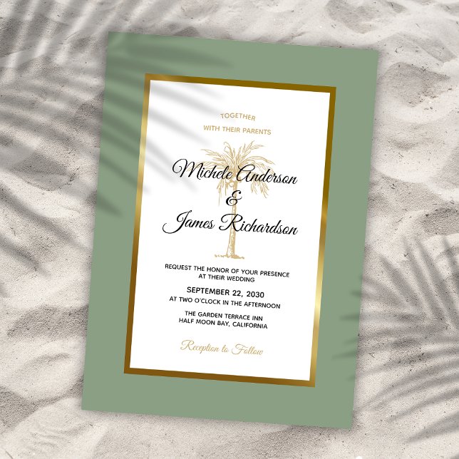 Convites Casamento Tropical na Praia com Palmeira em Dourad (Sage Green Gold Palm Tree Tropical Beach Wedding Invitation)