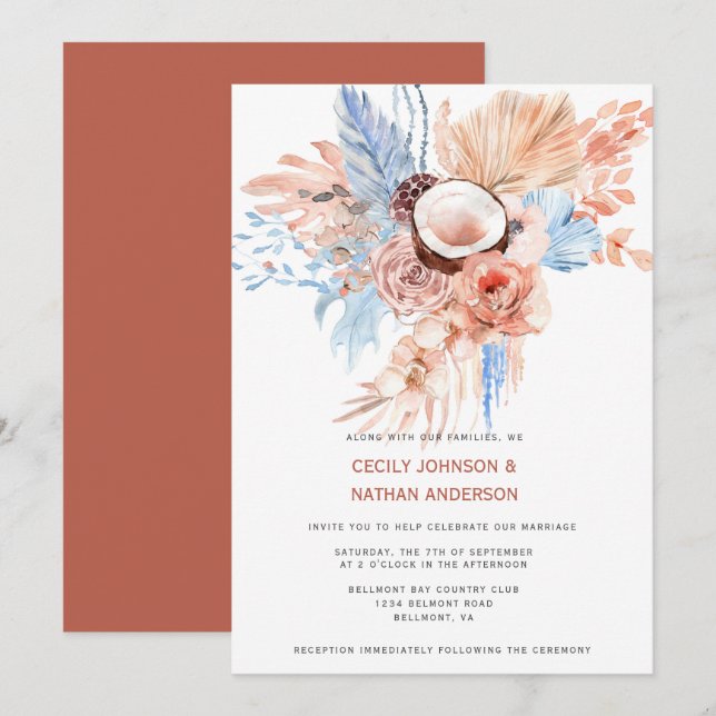 Convites Casamento Tropical na Praia com Terracota e Azul C (Frente/Verso)