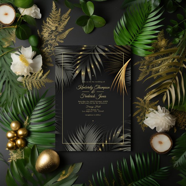 Convites Casamento tropical negro e Dourado (Black and Gold Tropical Wedding)