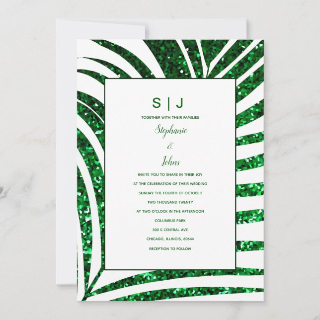 Convites Casamento Tropical Palm Leaf Emerald Green Glitter (Frente)