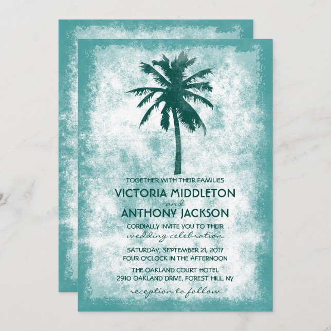 Convites Casamento Tropical Palm Tree Beach (Frente/Verso)