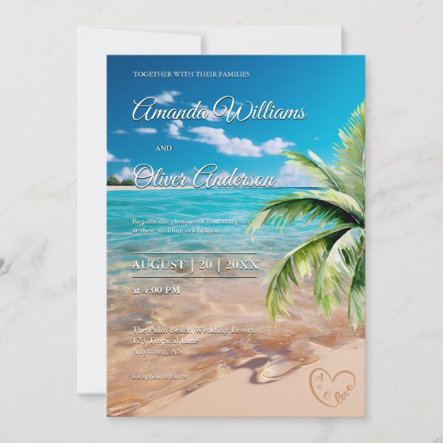 Convites Casamento Tropical Palm Tree Beach de Turquoise (Frente)