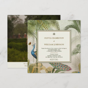 Convites Casamento Tropical Peacock Palm de Foto Quadrada E