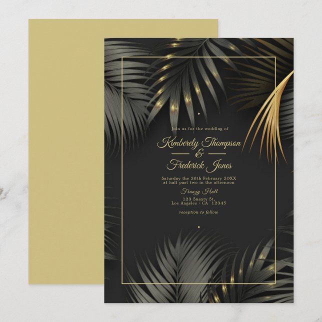 Convites Casamento Tropical Preto e Dourado (Frente/Verso)