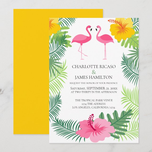 Convites Casamento Tropical Rosa Flamingo Personalizado (Frente/Verso)