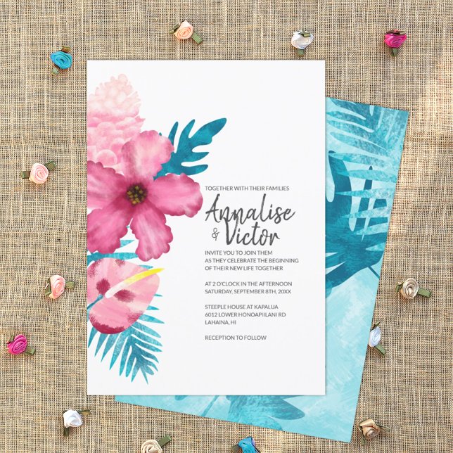 Convites Casamento Tropical Rosa Hibiscus Turquoise Ferns (turquoise and pink tropical wedding invitation card, pink hibiscus, Hawaiian flowers theme)