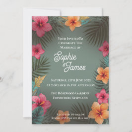 Convites Casamento Tropical Rosa Laranja Hibisco Verde Escu