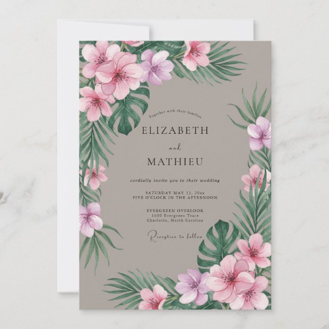 Convites Casamento Tropical Rosa Suave de Eucalipto (Frente)